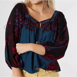 Free People Wild Memories Peasant Top Blue Floral Boho Balloon Sleeve Small